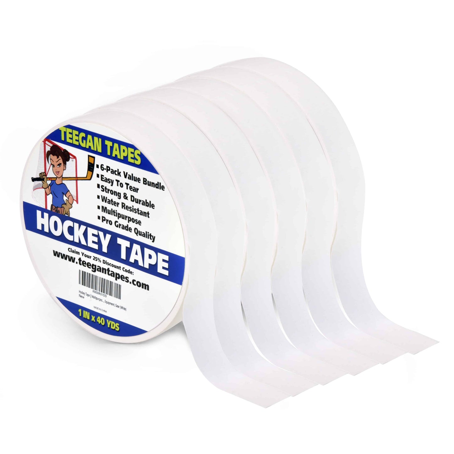 Hockey Tape | Multipurpose Cloth Tape Roll for Ice & Roller Hockey Stick, Blade & Handle Protector | 6-Pack | 1" X 40 Yards | White