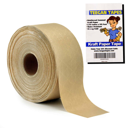Reinforced Gummed Kraft Paper Packing Tape, 2.75 In x 375 Ft
