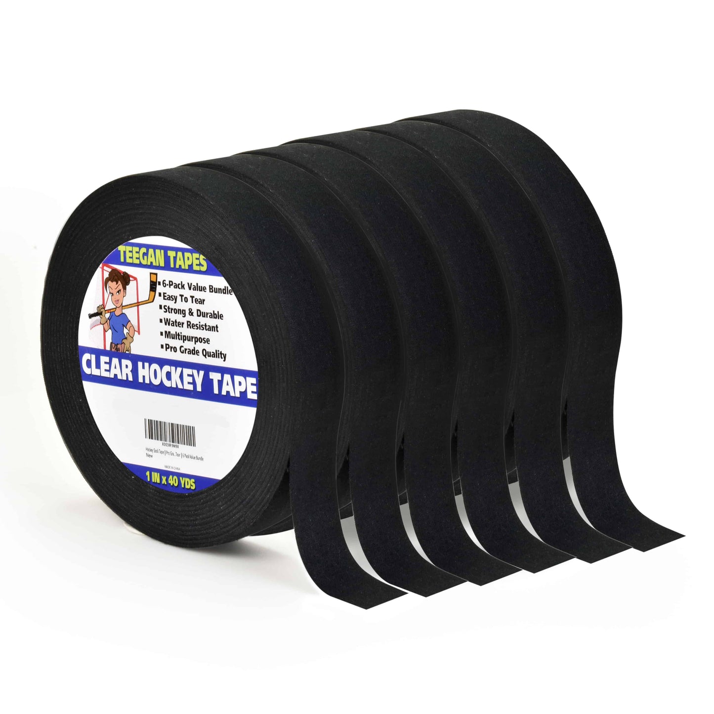 Hockey Tape | Multipurpose Cloth Tape Roll for Ice & Roller Hockey Stick, Blade & Handle Protector | 6-Pack | 1" X 40 Yards, black