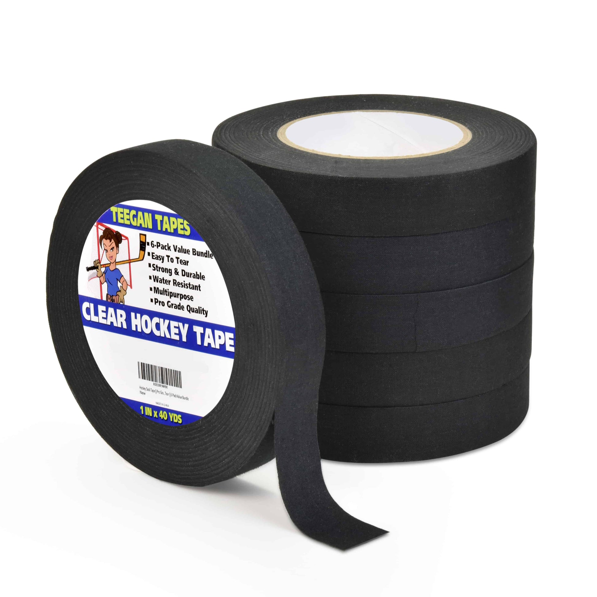 Hockey Tape | Multipurpose Cloth Tape Roll for Ice & Roller Hockey Stick,  Blade & Handle Protector | 6-Pack | 1 X 40 Yards, black