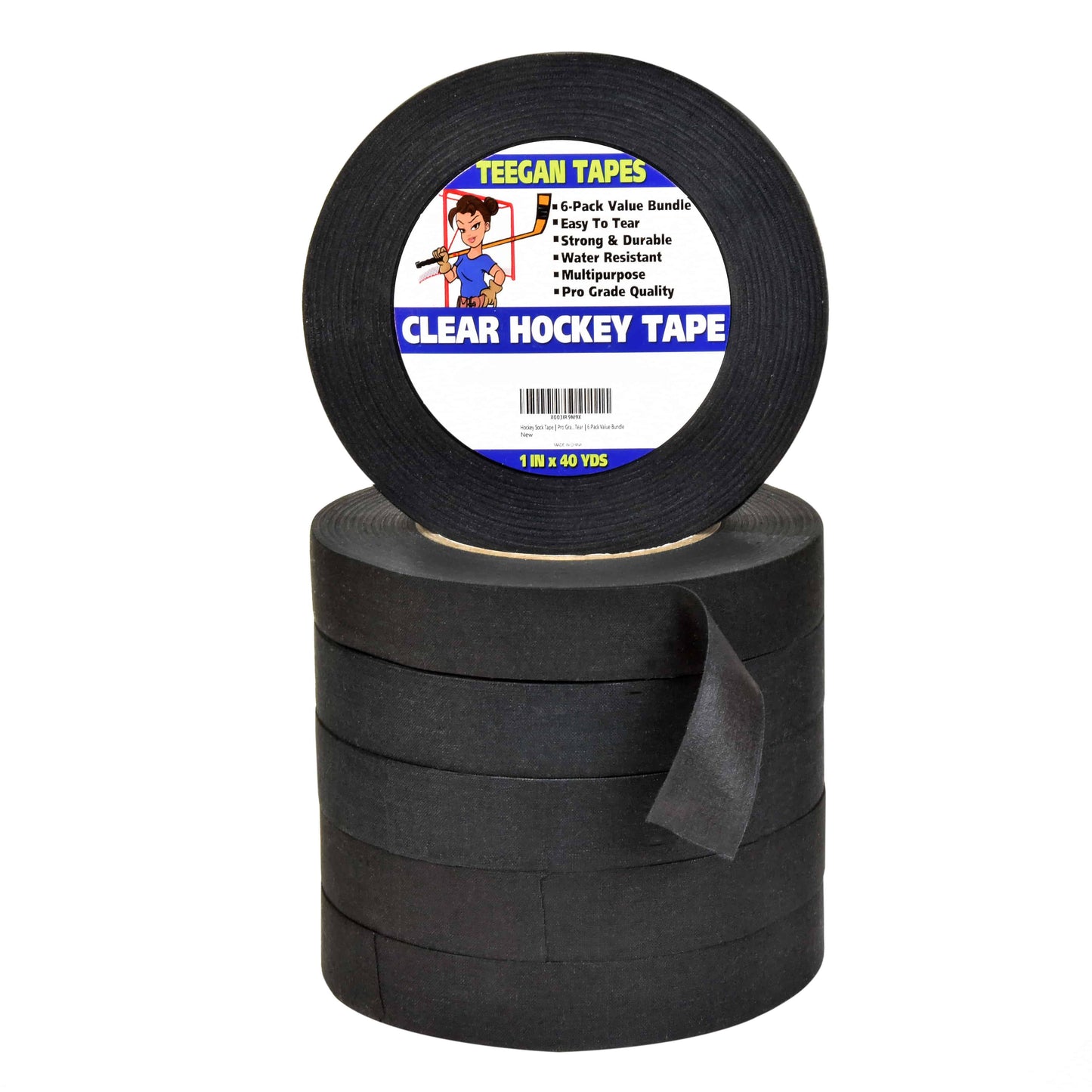 Hockey Tape | Multipurpose Cloth Tape Roll for Ice & Roller Hockey Stick, Blade & Handle Protector | 6-Pack | 1" X 40 Yards, black