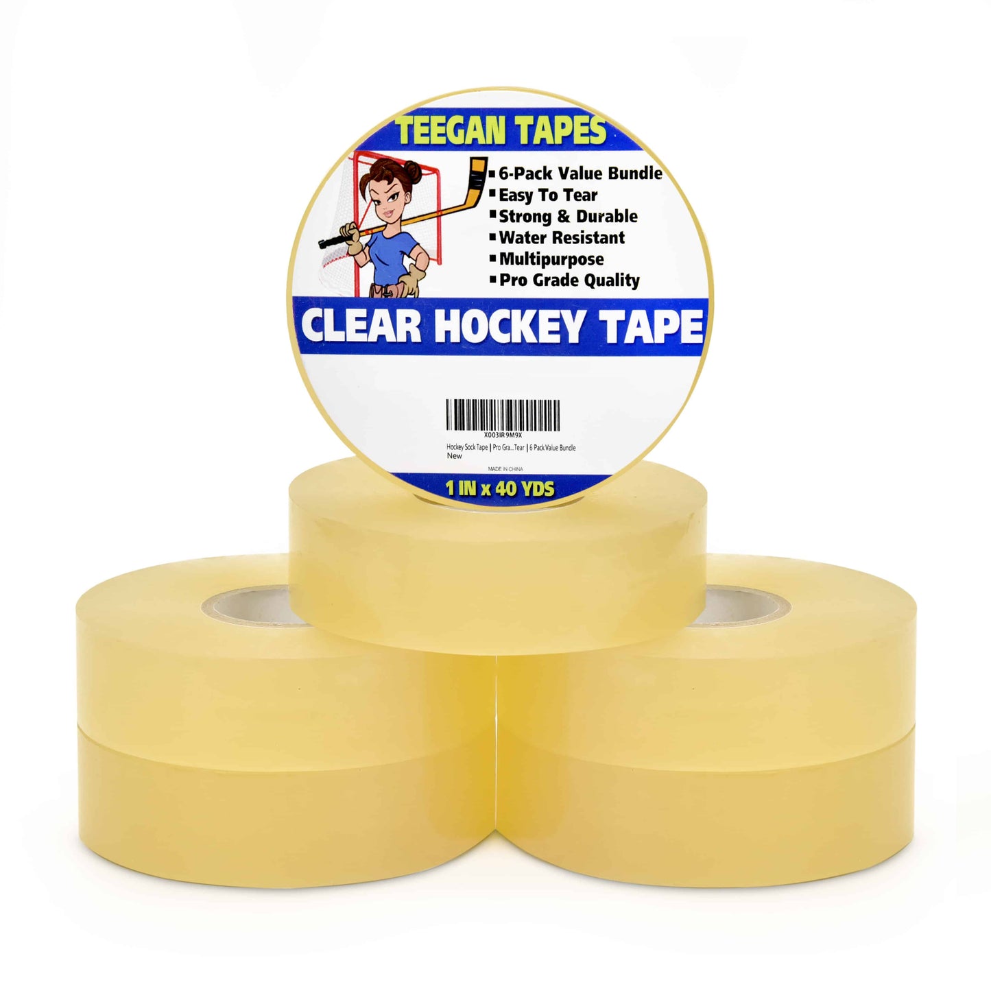 Hockey Sock Tape | Pro Grade Shin Guard | Clear PVC Multipurpose Adhesive | 6 Pack Bundle | 1 in x 40 Yds