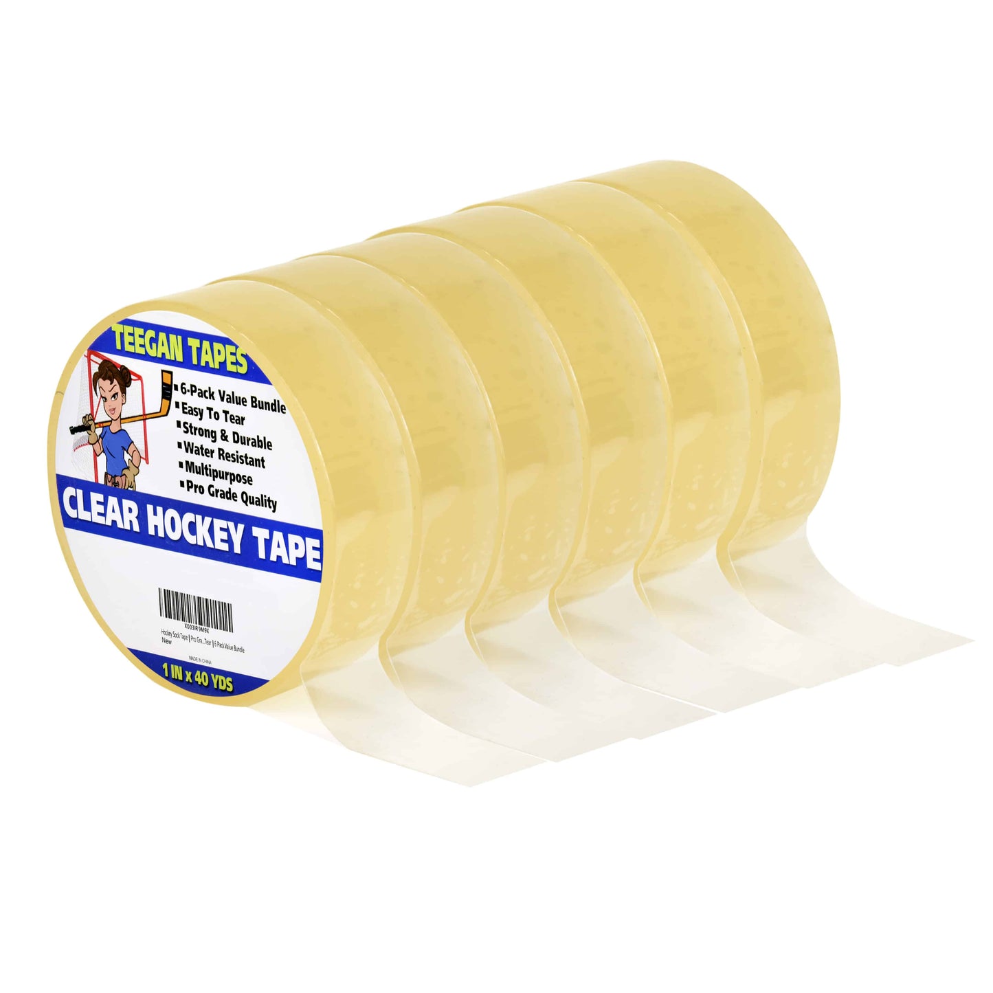 Hockey Sock Tape | Pro Grade Shin Guard | Clear PVC Multipurpose Adhesive | 6 Pack Bundle | 1 in x 40 Yds
