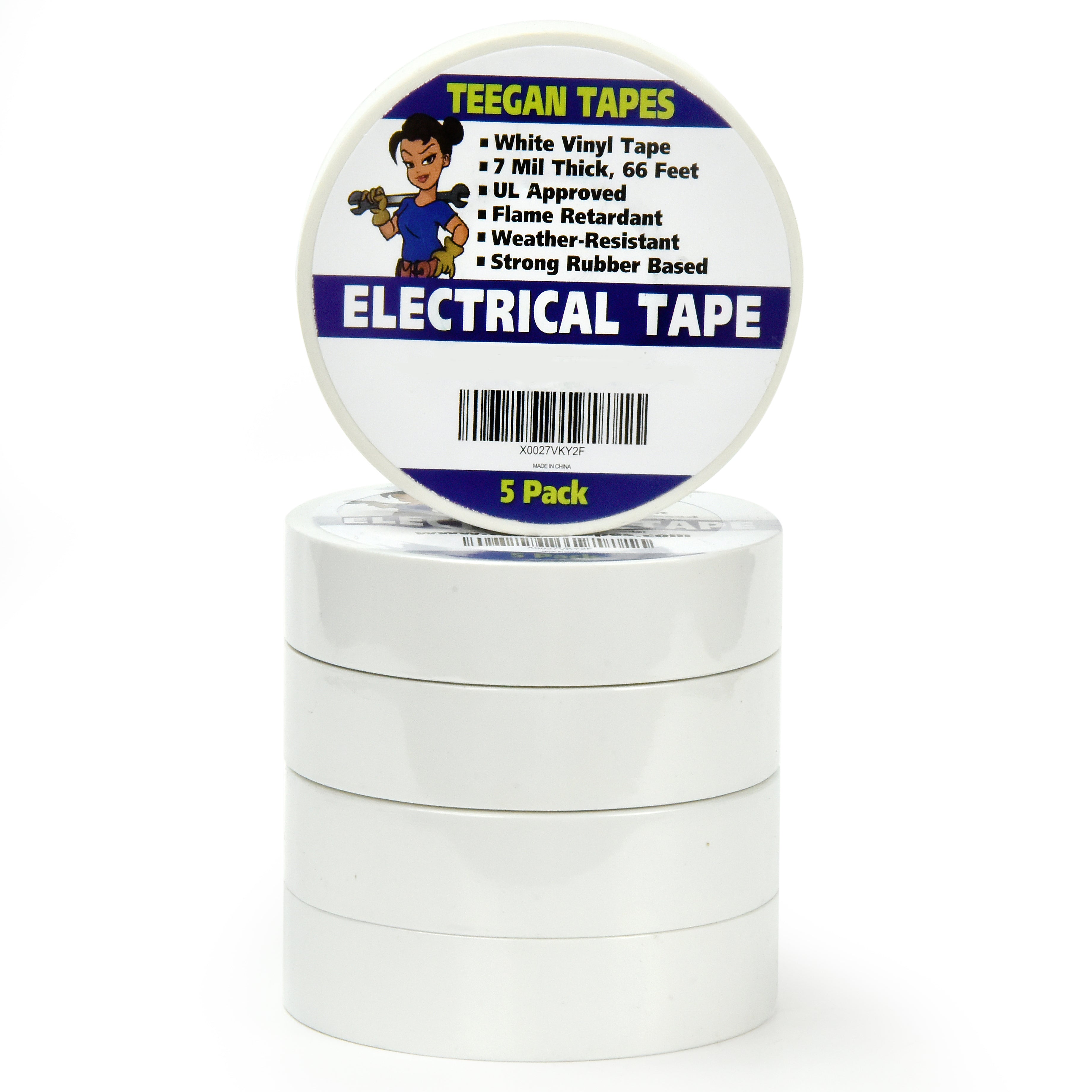 Gaffer Power White Electrical Tape - Vinyl Electric Tape (5 Pack) | 7 Mil Thick Vinyl Tape 3/4 inch Wide 66 Foot Long Roll | Strong Rubber